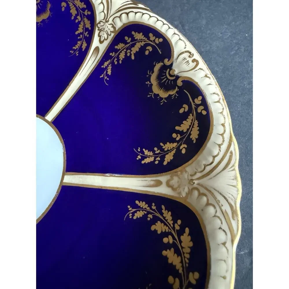 Vintage Bone China Blue White Serving Platter Gold Flower Trim Servingware 9”